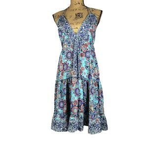 Zury Silk Mini Dress Halter Tassles Tiered‎ Ruffled Plunging Back Vibrant